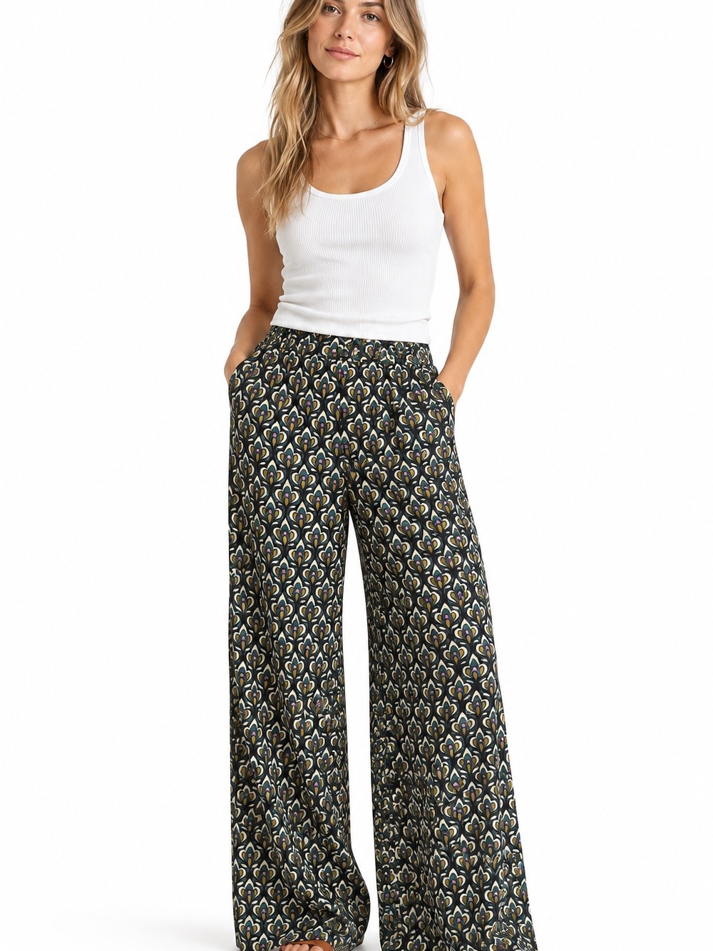 Cider Green Retro Print Wide Leg Palazzo Pants Size XL NWT